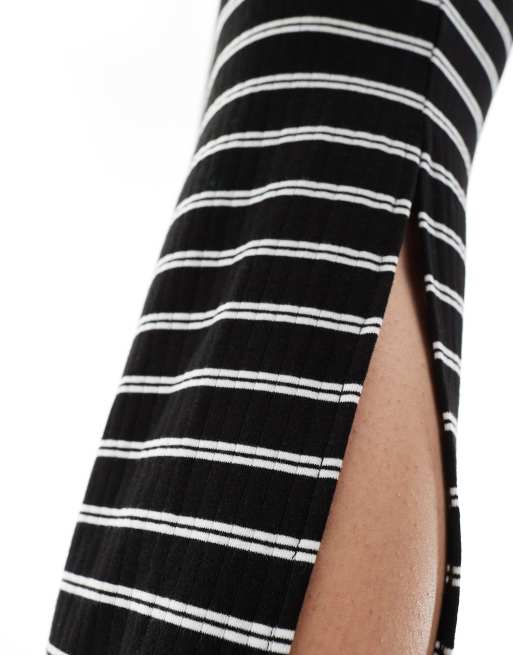 Pieces side slit maxi skirt in black and white stripe - part