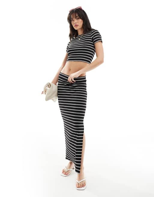 Pieces side split maxi skirt in black and white stripe part of a set ASOS