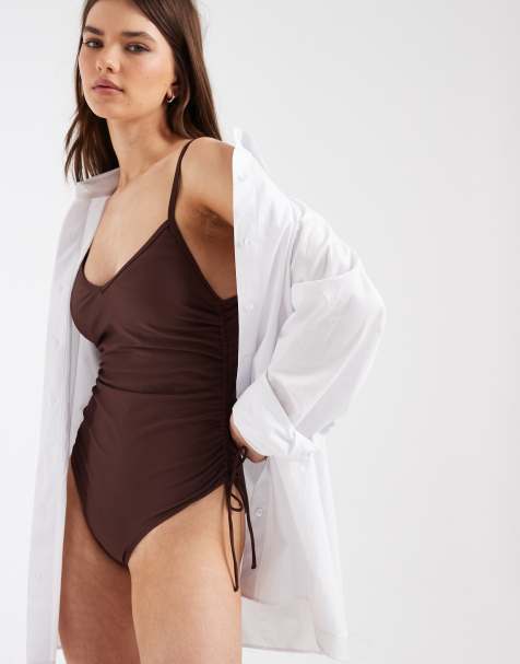 PIECES side tie ruched one-piece swimsuit in deep mahogany brown - view 1