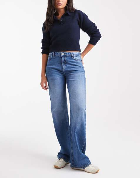 Pieces Silke mid rise wide leg jeans in medium blue