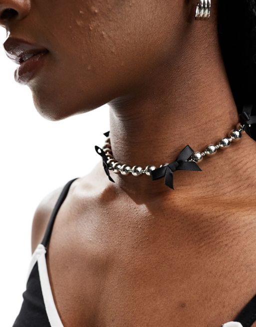 Pieces silver ball choker necklace with mini satin bow detail in black