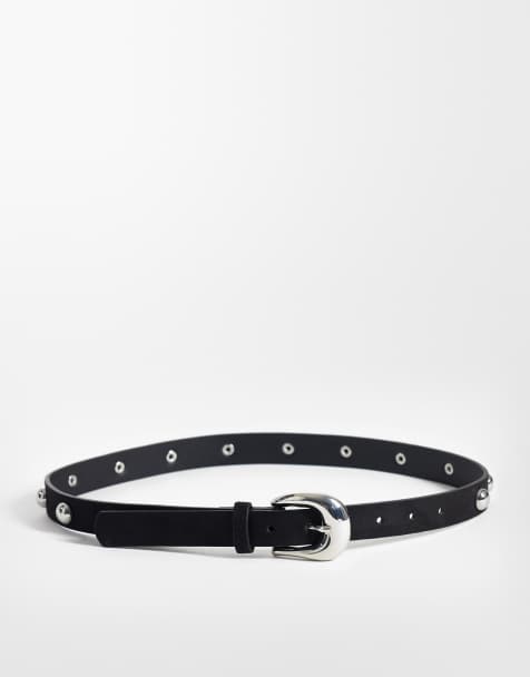 Pieces silver tone studded leather look belt in black - view 1