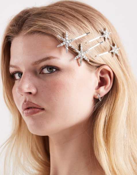 Pieces – Silverfärgade, stjärnformade hårspännen med strass - view 1
