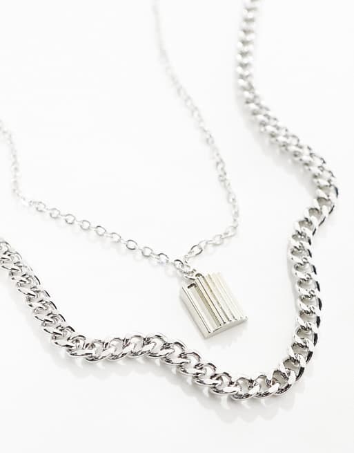 Pieces – Silverfärgat halsband med 2 rader och fyrkantigt hänge, 2 av 4