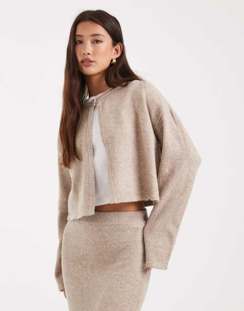 Pieces single button knitted cardigan co-ord in taupe grey melange