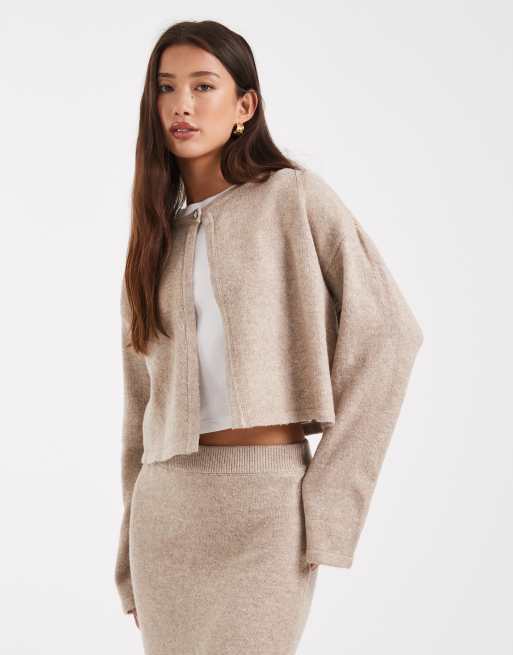Pieces single button knitted cardigan in taupe grey melange (part of a set)