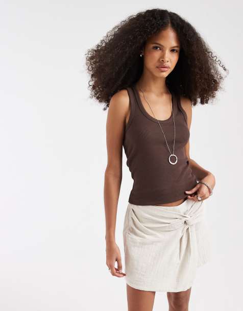 Pieces - Skort van getextureerd katoen met hoge taille en geknoopt detail in naturel beige - view 1