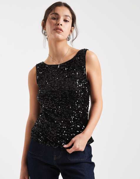 Pieces slash neck sequin top in black - view 1