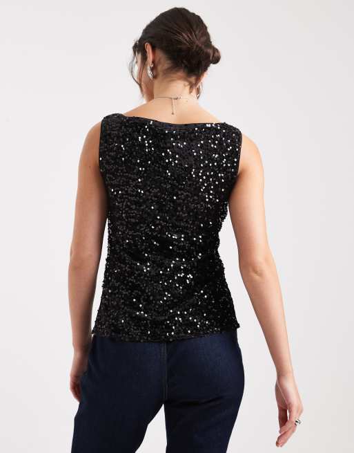 Pieces slash neck sequin top in black, 4 of 4