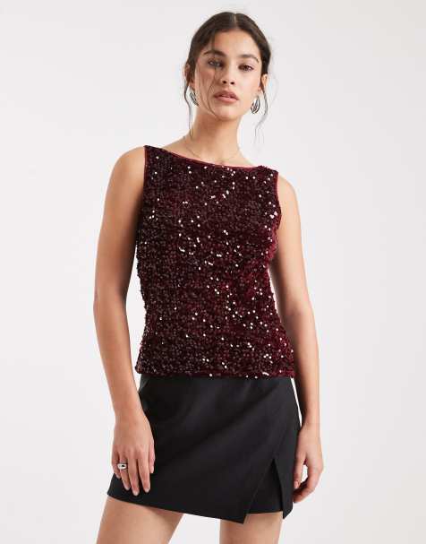 Pieces slash neck sequin top in burgundy