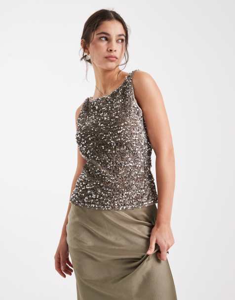 Pieces slash neck sequin top in taupe - view 1