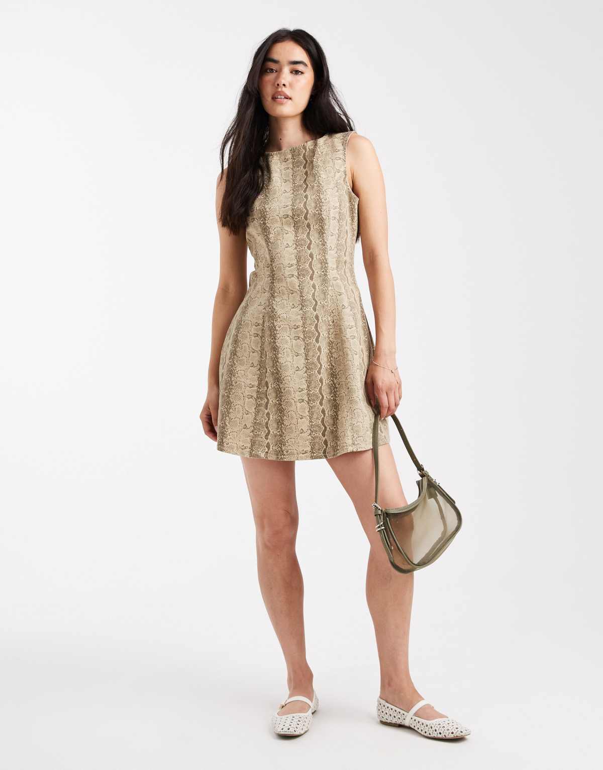 Pieces sleeveless denim mini dress in snake print