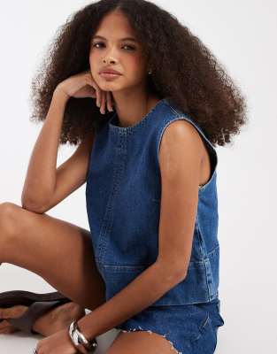 Pieces Sleeveless Denim Top In Blue