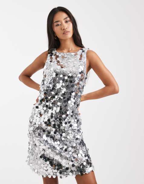 Pieces sleeveless disc sequin mini dress in silver - view 1