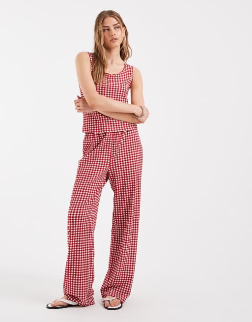 Pieces sleeveless gingham top co-ord in red and white, 2 of 4