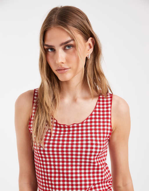 Pieces sleeveless gingham top co-ord in red and white, 3 of 4