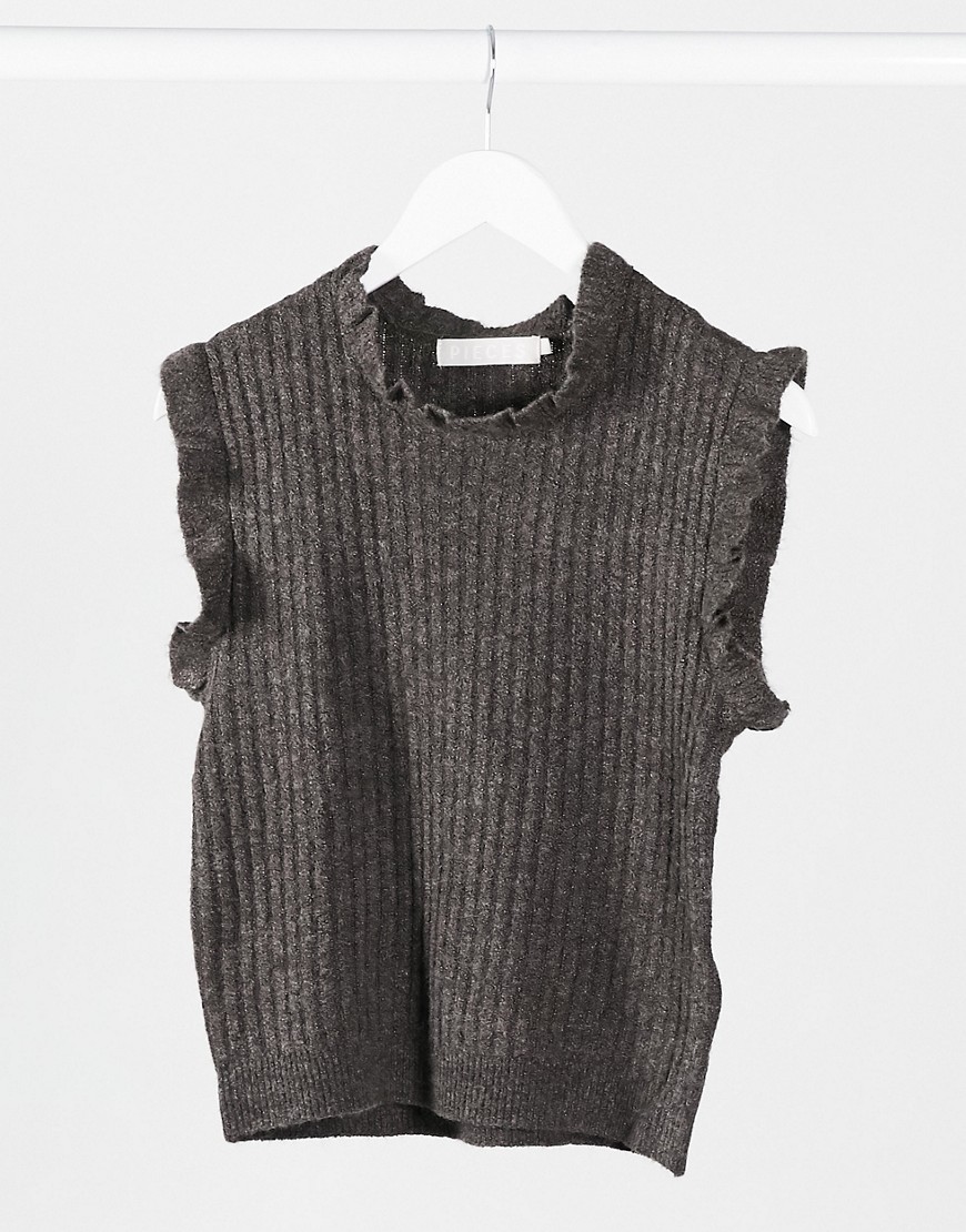 Pieces sleeveless knitted vest with frill detail in dark grey-Brown