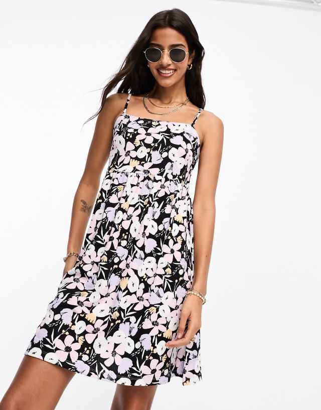 Pieces - sleeveless mini dress in black ditsy floral