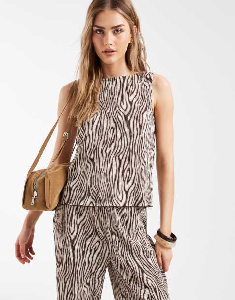 Pieces sleeveless slash neck plisse top co-ord in brown animal print - view 1