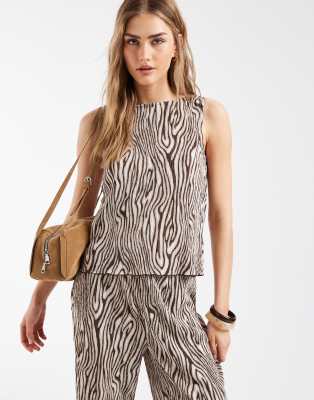 PIECES sleeveless slash neck plisse top in brown animal print - part of a set