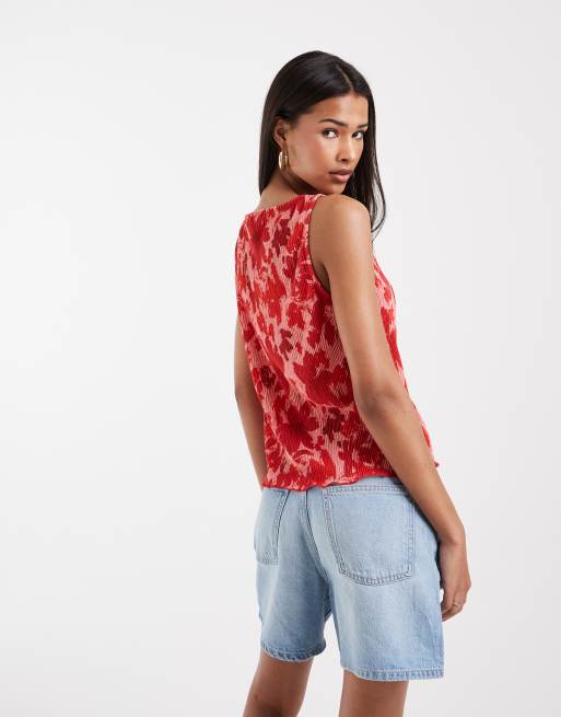 Pieces sleeveless slash neck plisse top in pink and red floral print, 4 of 4