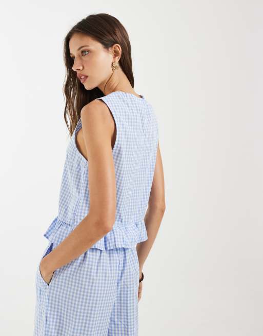 Pieces sleeveless top co-ord with frill hem in blue and white gingham print, 4 of 4
