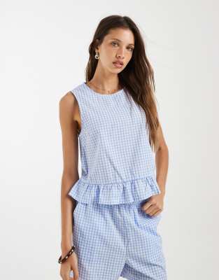 Pieces Sleeveless Top With Frill Hem In Blue