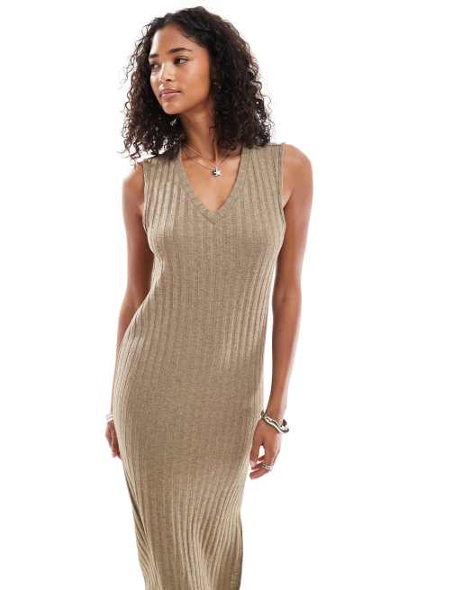beige belted dress Midi Bodycon Knit Dress With Belt In Beige main image 1