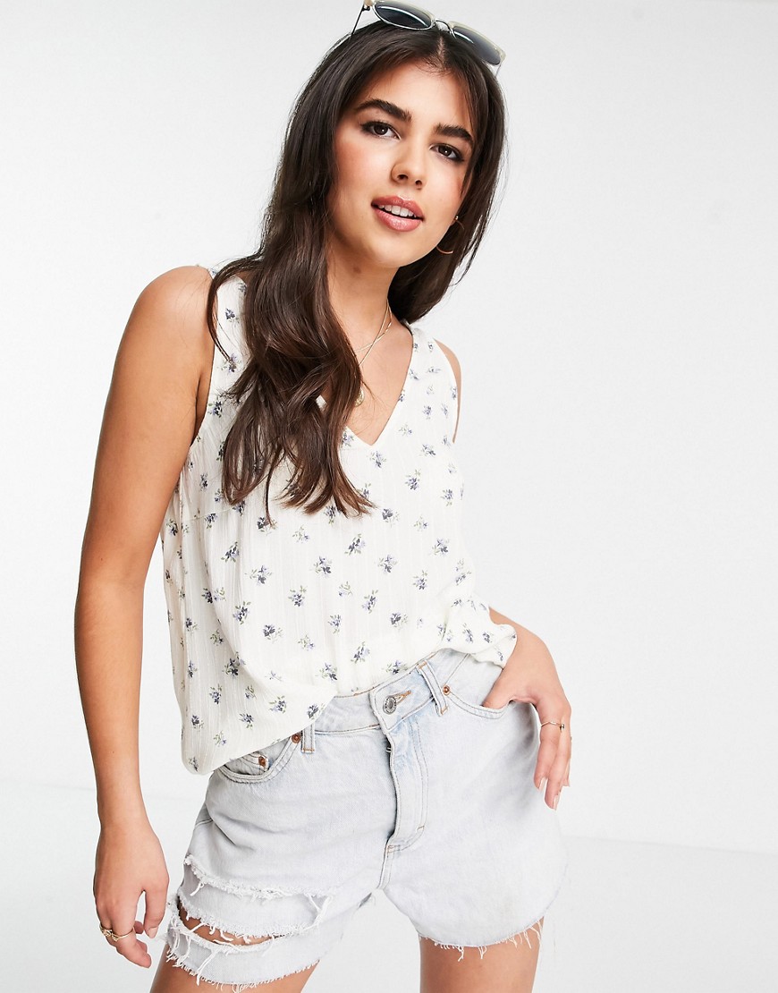 Pieces sleeveless v-neck t-shirt in cream floral-Multi