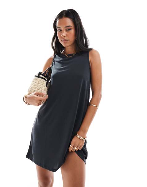 Pieces slinky boat neck mini swing dress in black - view 1