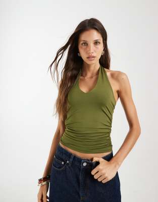 Pieces Slinky Halter Neck Top In Green