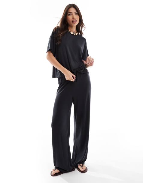 Pieces slinky super soft wide leg trouser co-ord in black