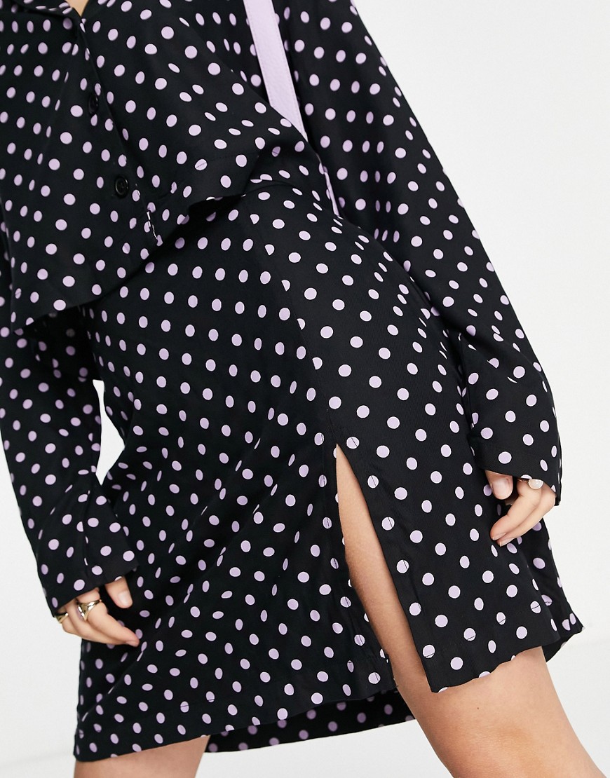 Pieces slit detail mini skirt co-ord in black & lilac spot-Multi