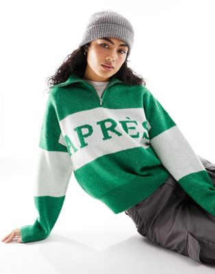 Pieces slogan half zip jumper in green & white