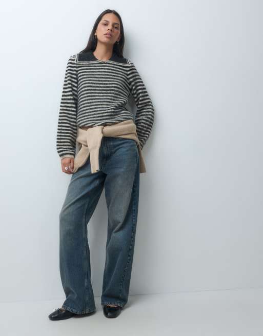 Pieces slouchy fluffy knit jumper with collar in black and cream, 2 of 4