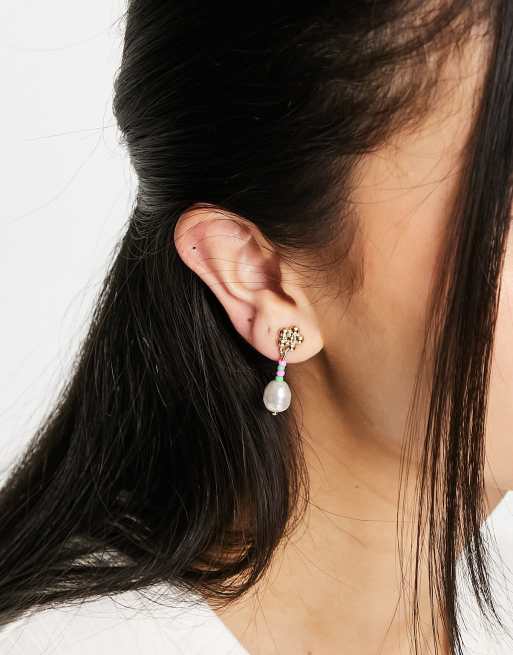 Pieces small drop stud with beads & pearl in gold