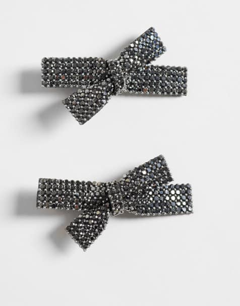 Pieces small glitter bow hair clips in black and silver - view 1
