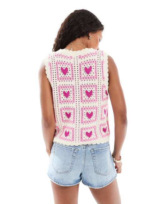 Pieces - Smanicato in maglia all'uncinetto rosa, 3 di 4