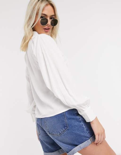 Pieces smock blouse with volume sleeves in white, 2 of 4