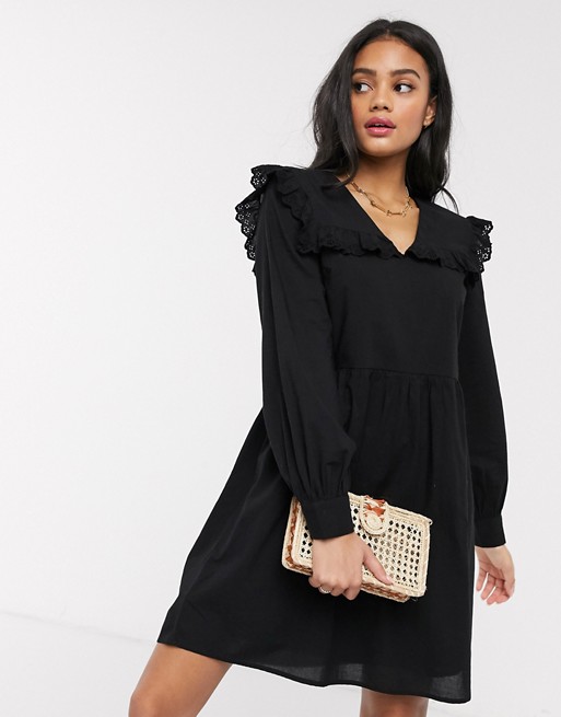 Pieces smock dress with frill collar in black