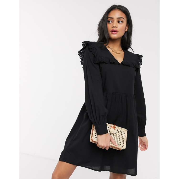 Pieces smock dress with frill collar in black