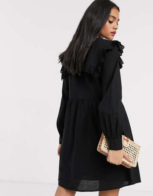 Pieces smock dress with frill collar in black