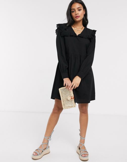 Pieces smock dress with frill collar in black