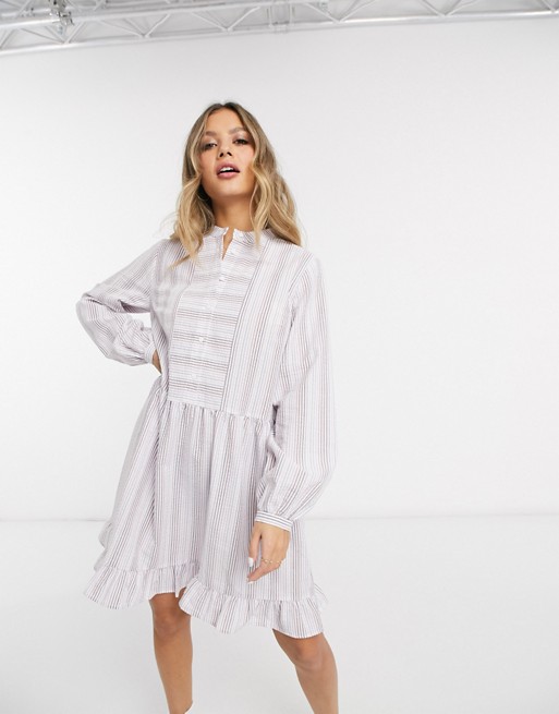 Pieces smock dress with notch detail in pastel stripes