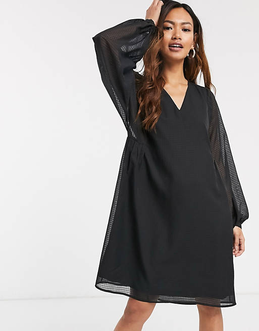 Pieces smock dress with sheer balloon sleeves in black
