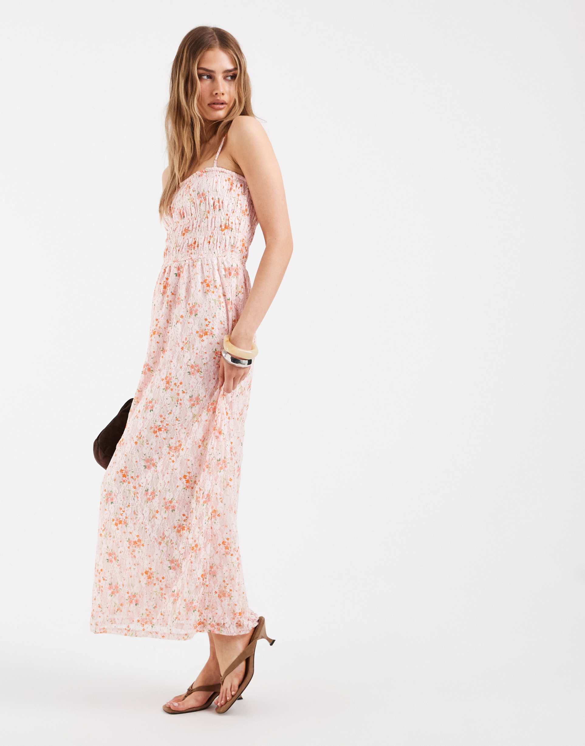 pieces smocked lace cami maxi dress in pink ditsy floral print