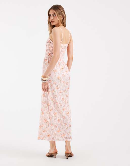 Pieces smocked lace cami maxi dress in pink ditsy floral print, 4 of 4