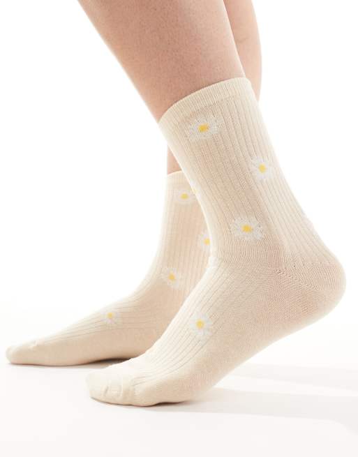 Pieces – Socken in Beige mit Sonnenblumendetails