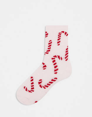 Pieces - Socken in Hellrosa mit weihnachtlichem Zuckerstangen-Muster
