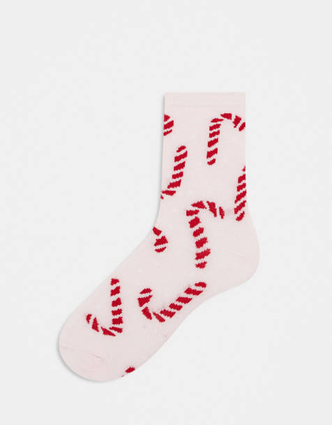 Pieces – Socken in Hellrosa mit weihnachtlichem Zuckerstangen-Muster - view 1